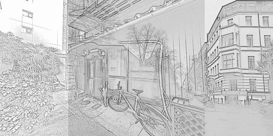 Skizze: Eine Gasse in Kyoto / Eine Straße in Berlin