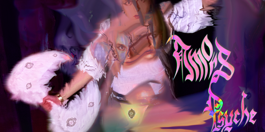 Amor steht mit seinem Bogen in bunten Halluzinationen